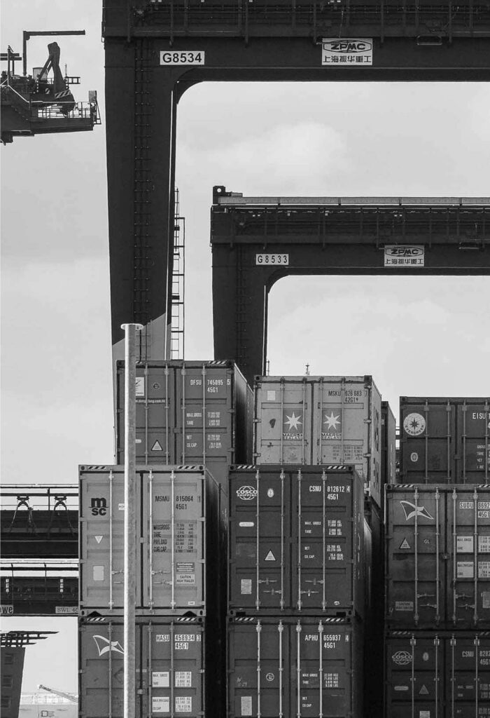 Stacked shipping containers under large port cranes with identification numbers in a container terminal